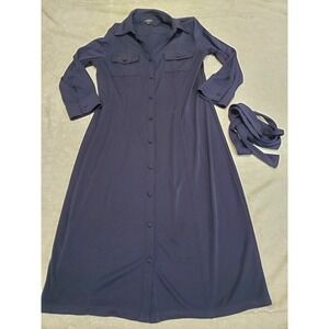 Talbots Navy Blue Button Office Classic Belt Midi Dress Small Basic Minimalist
